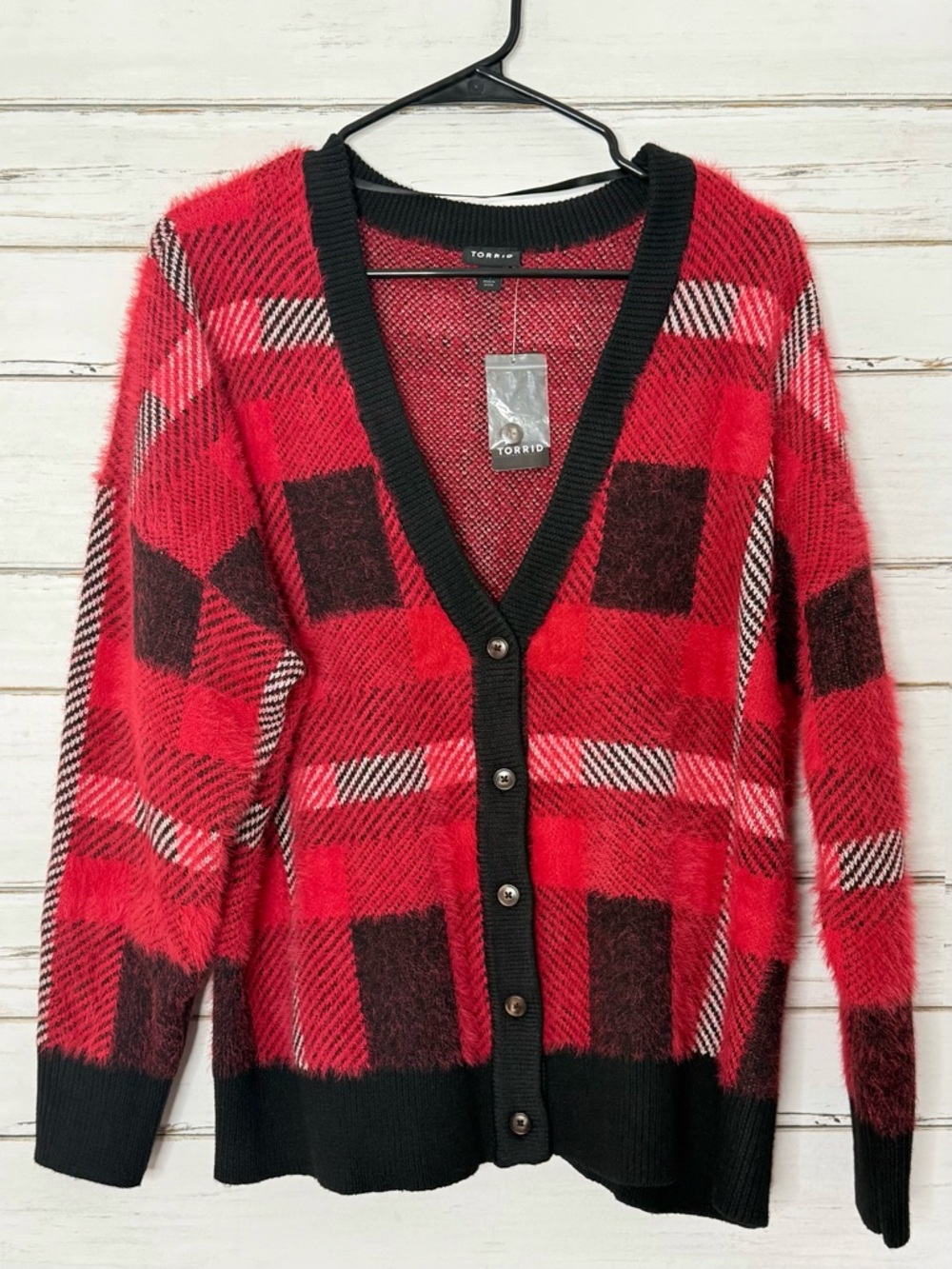 Torrid Red & Black Plaid Fuzzy Cardigan Sweater Size
